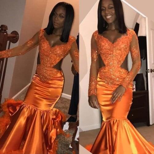 African Orange Mermaid Prom Dresses 2020 Long Sleeves Cutaway Side Lace Feather Evening Dress Sexy Party Gown