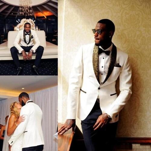 White Wedding Tuxedos Slim Fit Gold Pattern Lapel Suits For Men Cheap One Button Groom Suit Jacket+Pant