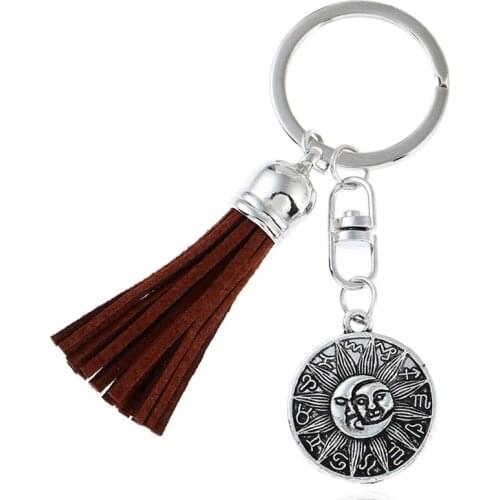 Bohemian 12 Zodiac Sign Constellations Keychain for Women Vintage Brown Tassel Key Chain Boho Bag Pendant Key Ring Men Keychains