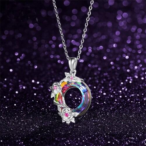 COCOM 925 Sterling Silver Rainbow Circle Austrian Crystal Pendant Necklace for Women Romantic Flower Jewelry Collares Para Mujer