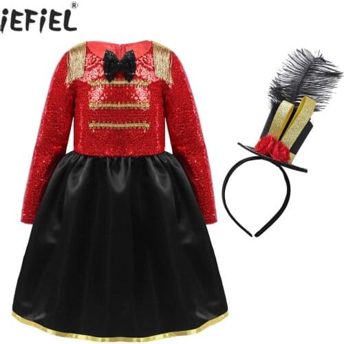 Kids Girls Ringmaster Circus Costume Dress Long Sleeve Bowknot Shiny Sequined Dresses With Top Hat for Halloween Cosplay Party