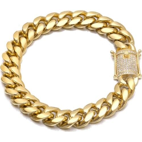 Hip Hop Micro-studded Buckle Cuban Chain Bracelet Mens Stainless Steel Miami Chain Bracelets for Women/men