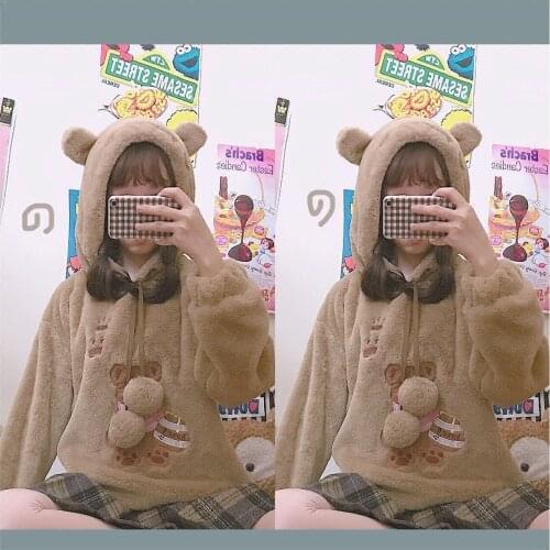 Kawaii Bear Autumn Winter Womens Warm Sweatshirt Hooded Bear Ear Hoodie Long Sleeve Pullovers Sweet Cute Thick