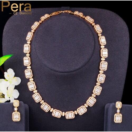 Pera Classic Square Shape Dangle Earrings Choker Necklace Nigerian Gold Cubic Zirconia Wedding Party Jewelry Sets for Women J403