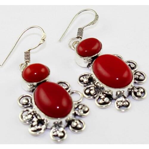 Coral Earrings Silver Overlay over Copper , 52mm, E1408