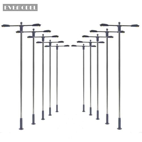 LQS12 10pcs Model Railway Train Lamp Post Two-head Street Lights HO OO Scale LEDs NEW Miniature Layout White/WarmWhite