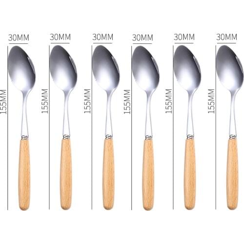 Wooden Handle Spoons set 6 pcs Stainless steel Tea Spoon Dessert Coffee Ice Cream spoons Long Ice Scoop Tiny Spoon Drop Shipping