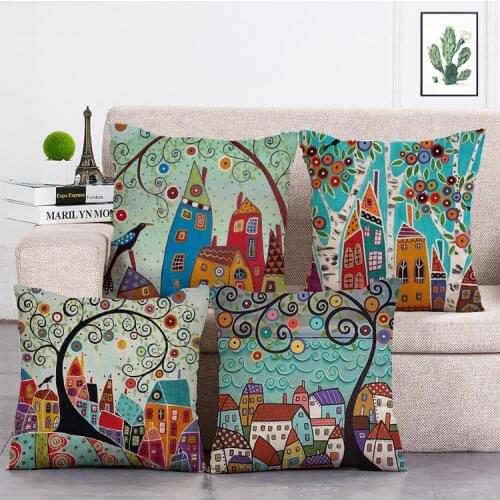 Hand-Painted Retro Rural Color Cities Printed Cushion Cover Linen Throw Pillow Car Home Decoration Decorative Pillowcase T466