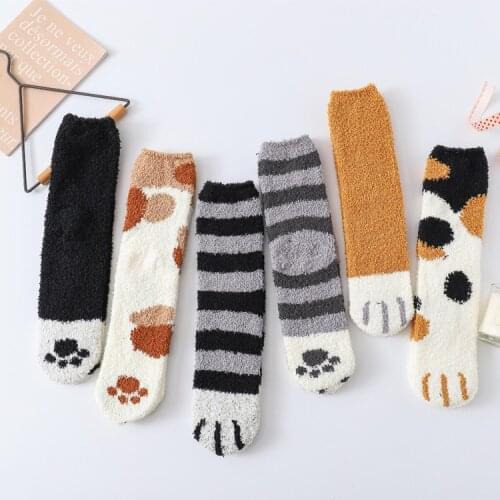 6 Pairs/lotWinter Warm Fluffy Cat Paw Socks For Women Girls Sleeping Socks Home Floor Socks Thick Girls Socks