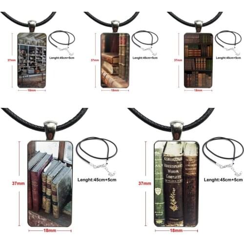 For Women Men Glass Pendant Necklace Handmade Half Pendant Rectangle Necklace Mate 8 Vintage Library Look Books Shelves