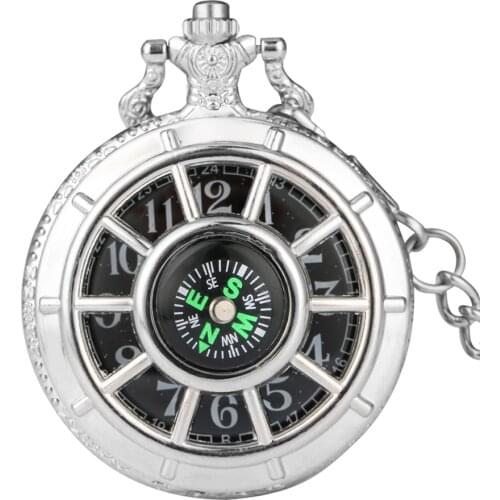 Retro Black Starry Dial Compass Design Hollow Skeleton Steampunk Quartz Pocket Watch Necklace Chain Pendant Clock Gifts for Men