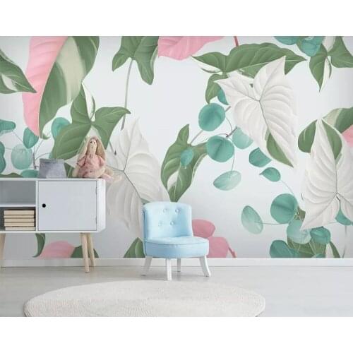 Nordic hand painted small fresh tropical plants flowers and birds pastoral background murals