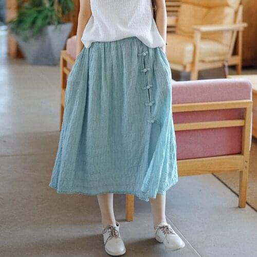 Johnature Vintage Jacquard Cotton Women Skirts Patchwork Button Elastic Waist Spring 2021 Solid Color Soft Women A-Line Skirts