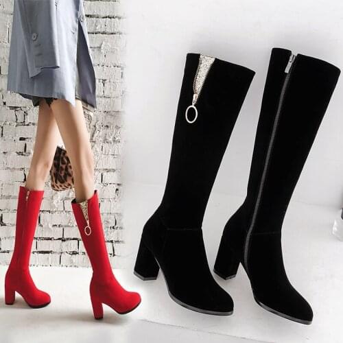 Womens Boots The New winter fashion Round head zipper plush High heel High tube Womens shoes plus size 32-43 Heel Height 7cm