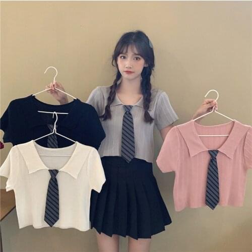 Tie T Shirts Women Preppy Style Lapel Short Sleeve Summer Casual Loose Solid Color Tee Shirt