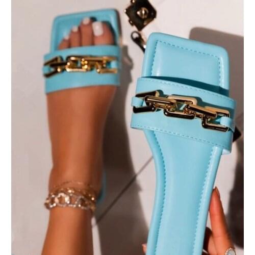 2021 spring/summer new metal chain single-layer leather fashion all-match womens slippers outdoor leisure non-slip sandals