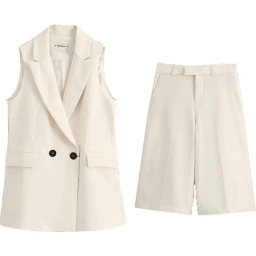 Womens New Fashion Vest Double-breasted Sleeveless Pocket Vest Womens Mid-length Suit Collar Jacket + Casual Suit Shorts Set