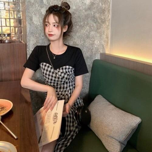 Summer Women Dress Patchwork Plaid Classic Vintage Trendy Korean Style Short Sleeve O-Neck Side Split Elegant A-Line Dresses New