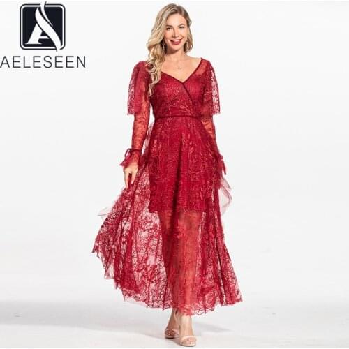 AELESEEN Runway Fashion Plus Size 3XL Womens Summer Dress V-Neck Red Black Flower Embroidery Ruffles Long Party Dresses