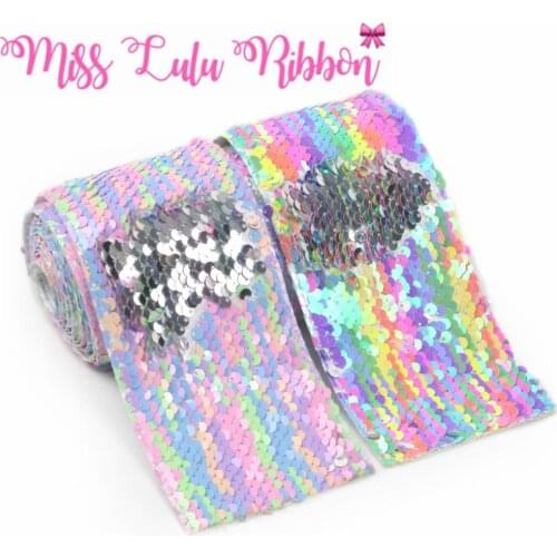 3"75mm Double Color Reversible Sequin Ribbon Rainbow Silver DIY Wedding Gift Pack Colorful DIY Bowknots Hair Band 2yards/roll