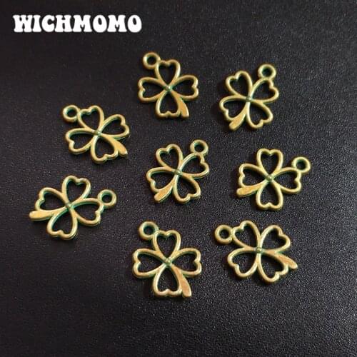 30pcs/bag 15MM Retro Patina Plated Zinc Alloy Green Lucky Four Leaf Clover Flowers Charms Pendants For DIY Accessories