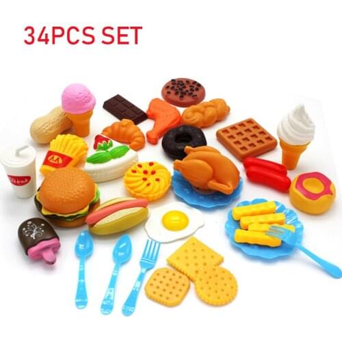 34PCS Set Girls Kitchen Pretend Play Toys Cutting Cake Hamburgers Ice Cream Drink Food Kit Educational Toys for Children Gifts