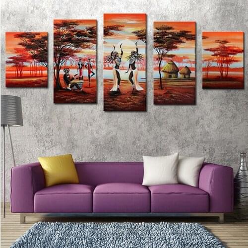 5 Panel Group Oil Paintings African Dancing Hand Painted Landscape Canvas Painting Unframed Painting Calligraphy Decor Picture