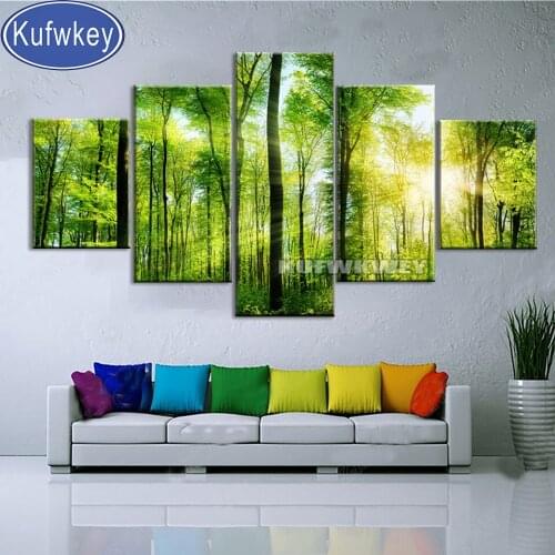 5 Panel Sunshine Green Forest Landscape 5d diy diamond painting square diamond embroidery full round of drill mosaic Picture