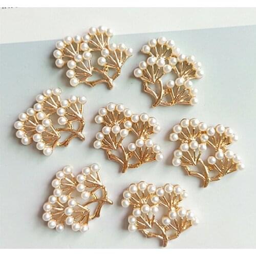 50 Pieces 23mm Gold Tree Button Cute Flower Ivory Pearl Rhinestone Flat Back Button Embellishment Craft