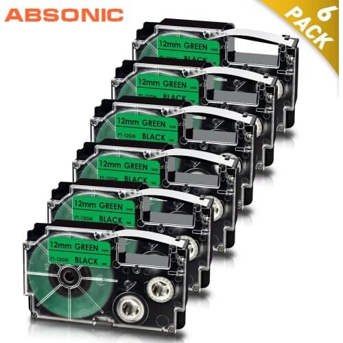 Absonic 6PK Compatible for Casio 12mm Label Printer Ribbon for Casio XR-12GN Labeling Tape Black on Green Label Maker for Casio