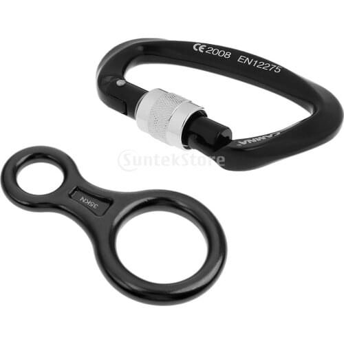 Black 25KN D Ring Screw Locking Climbing Carabiner + 35KN Figure 8 Rappelling Abseil Rope Descender