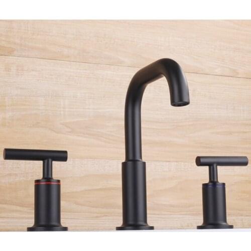 Black double-handle three-hole basin faucet hot and cold all copper three-piece washbasin basin split faucet