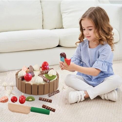 Wooden Kitchen Toys DIY Pretend Play Magnetic Cutting Cake Pizza Food Kids Educational Toy For Baby Birthday Interests