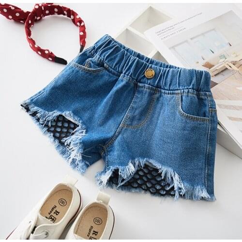 Children clothing kids hot shorts summer girls wild casual mesh denim pants children raw edge hole denim pants casual shorts