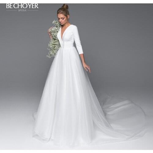 Elegant V-neck Backless Wedding Dress BE CHOYER EL02 Satin A-Line Court Train Princess Bride Gown Customized Vestido De Noiva