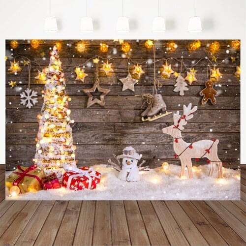 Winter Snowman Photography Backdrop Christmas Tree Photo Background Video White Snow Wood Wall Studio Decoration