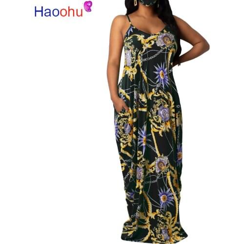 HAOOHU Women Chain Print Spaghetti Strap Sleeveless Maxi Dress Vintage Holiday Beach Floor Length Loose Slim Long Dresses