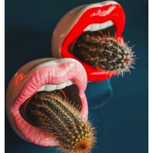 Ceramic Flower Pot Crafts Vase Ceramic Lips Planter Sexy Mouth Gift Green Plant Container Ashtray Home Decoration