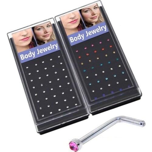 40pcs/box) Crystal L Shape Indian Nose Rings & Studs Stainless Steel Bone Piercing Set Nariz Cz Gem Women Girls Body Jewelry