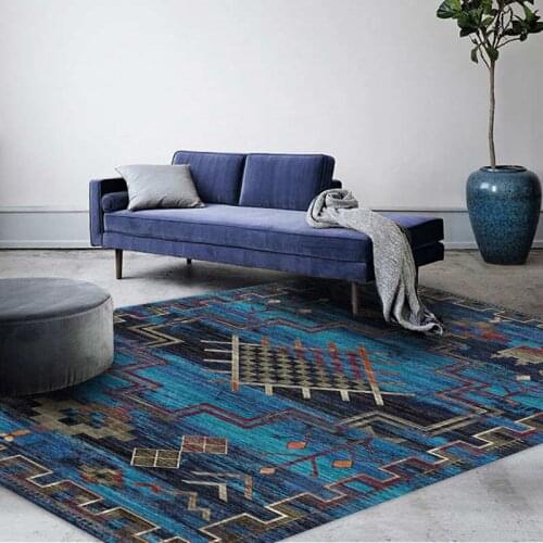 Retro Blue Persian Style Washable Living Room Rug Luxury Geometric Ethnic Boho Carpet Bedside Carpet Area Rug Bedroom Chair Mat