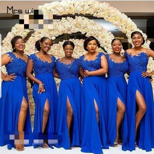 Mrs Win Bridesmaid Dresses Royal Blue Lace Appliques Side Split Wedding Party Dresses HR210 A Line Long Vestido Madrinha 2020