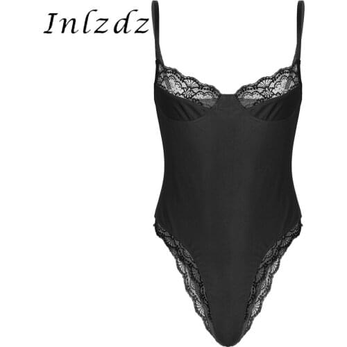 Mens Lingerie Sissy Bodycon Bodysuit Lace Trimming Adjustable Spaghetti Strap Unlined Wireless Bra Leotard Bodysuit Underwear