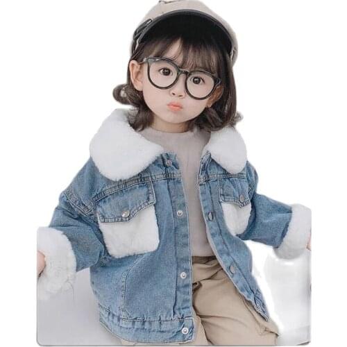 2021 New Solid Thicken Warm Toddler Kids Boys Girls Denim Coat Velvet Fur Jackets Outerwear Autumn Winter Children Jeans Jackets