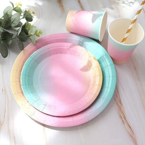 Dreamy Gradient Disposable Tableware Shiny Bronzing Paper Plate Cup Wedding Decorations Baby Shower Birthday Party Supplies