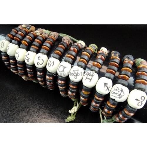 Wholesale Jewelry 24pcs Leather Carving Earth Ceramic The twelve constellations Wood Bracelets Bangles for Mens Womens A144
