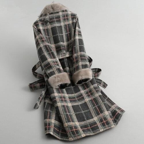 Fur Real Coat Winter Jacket Women Natural Lamb Fur Tweed Coat Female Mink Fur Collar Warm Long Jackets Manteau Femme MY s