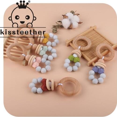 Kissteether Food Grade Silicone Beads Baby Teether Beech Wood Ring Teething Newborn Bracelet Play Gym Silicone Teether Toys
