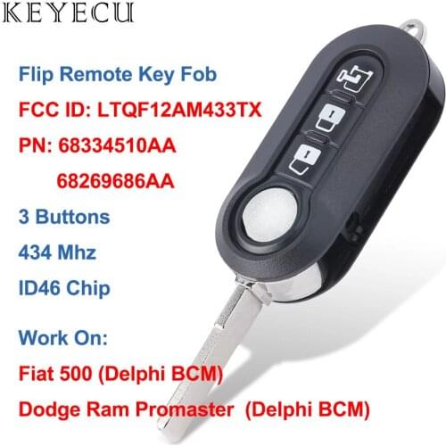 Keyecu Flip Folding Remote Car Key Fob 3 Button 434MHz ID46 Fiat 500 for Dodge Ram Promaster City (Delphi BCM) LTQF12AM433TX