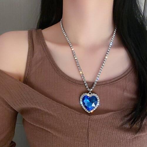 Romantic Rhinestone Diamond Big Blue Love Necklace Heart Pendant Necklace for Women Luxury Crystal Choker Necklace Collar Jewelr