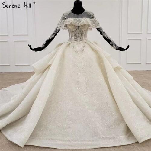 Champagne Luxury Long Sleeves Sexy Wedding Dresses 2020 O-Neck High-end Sequins Beading Bridal Gowns HX0113 Custom Made